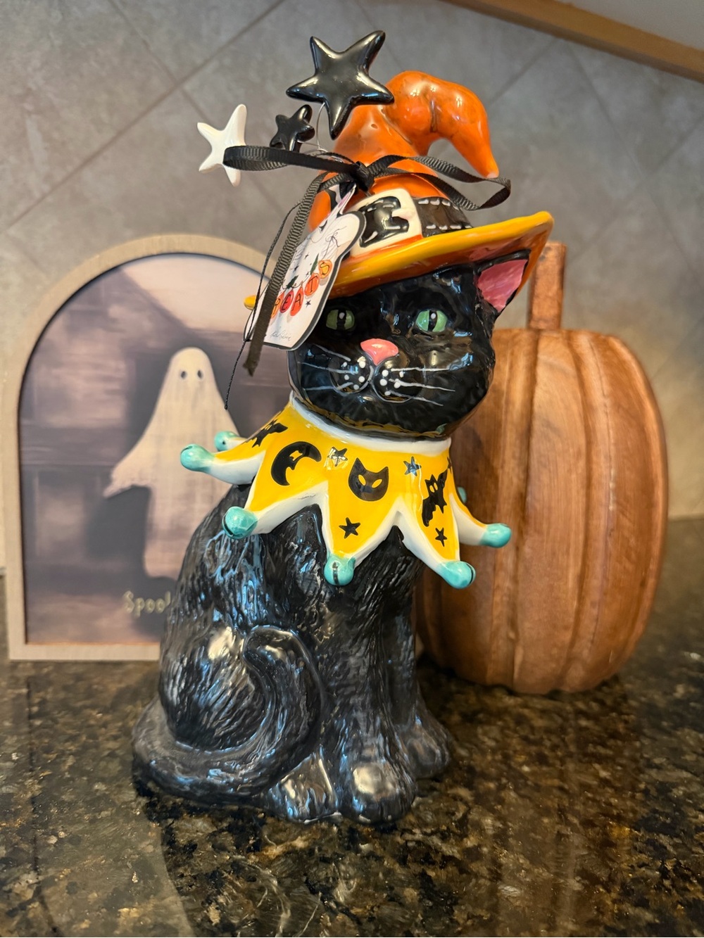 Festive Black Cat Halloween Figurine with Orange Witch Hat
